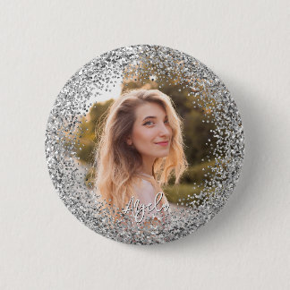 Faux Silver Glitter Photo 6 Cm Round Badge