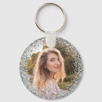 Faux Silver Glitter Photo Key Ring