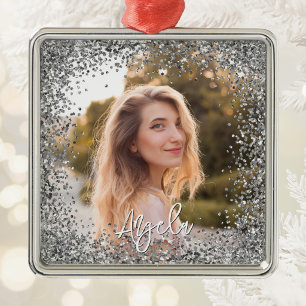 Faux Silver Glitter Photo Metal Tree Decoration