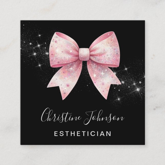 faux silver glitter pink bow square business card (Front)