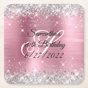 Faux Silver Glitter Pink Foil 40th Birthday Paper Square Paper Coaster