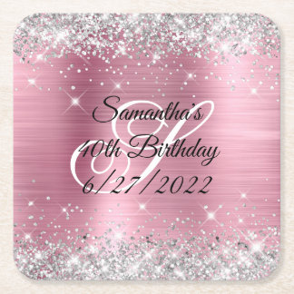 Faux Silver Glitter Pink Foil 40th Birthday Paper Square Paper Coaster