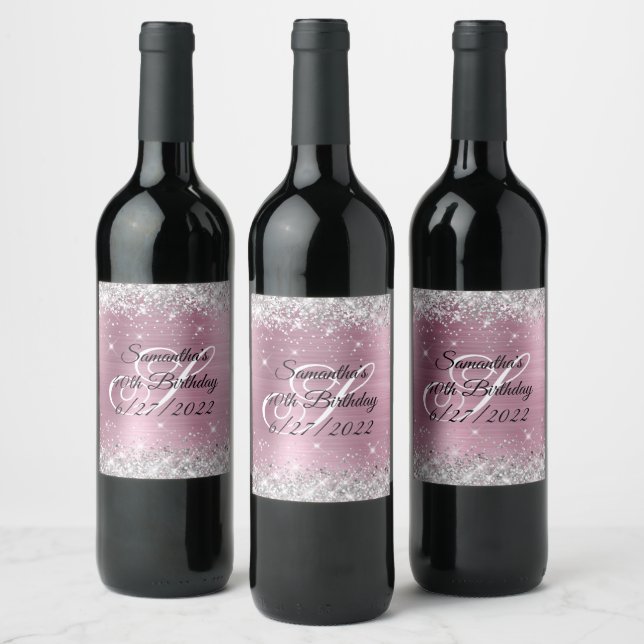 Faux Silver Glitter Pink Foil 40th Birthday Wine Label (Bottles)