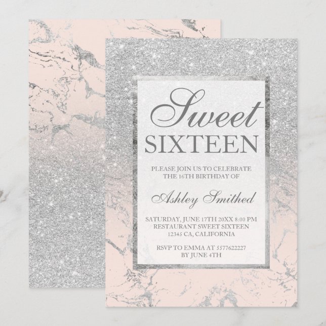 Faux silver glitter pink marble elegant Sweet 16 Invitation (Front/Back)