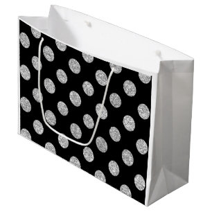 Faux Silver Glitter Polka Dots Pattern on Black Large Gift Bag