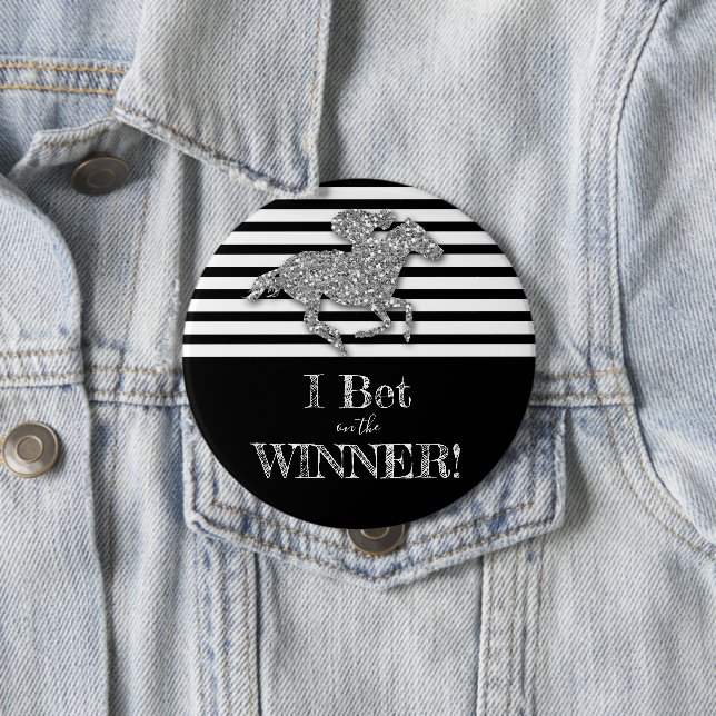 Faux Silver Glitter Race Horse on Black Stripes 10 Cm Round Badge (In Situ)