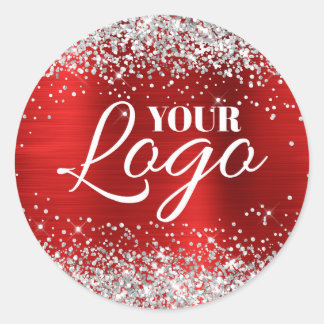 Faux Silver Glitter Red Foil Logo Classic Round Sticker