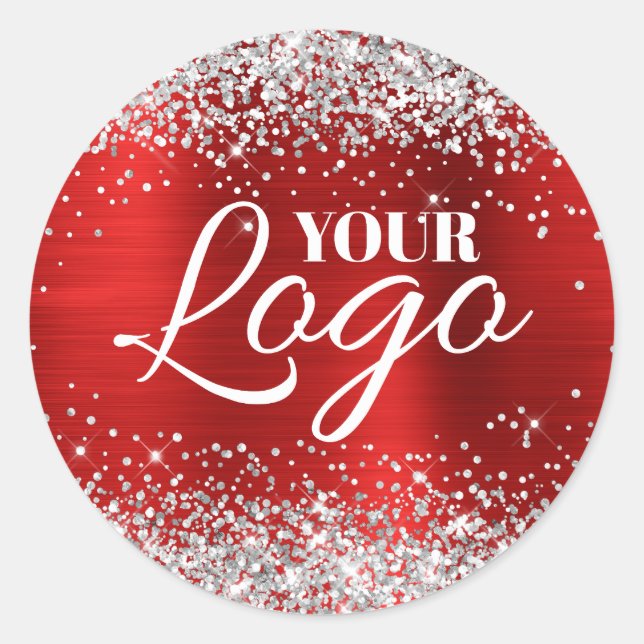 Faux Silver Glitter Red Foil Logo Classic Round Sticker (Front)