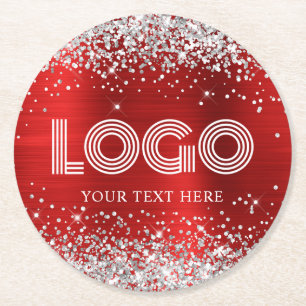 Faux Silver Glitter Red Foil Logo Round Paper Coaster
