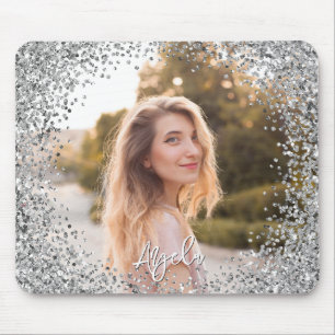 Faux Silver Glitter Round Border Photo Mouse Mat