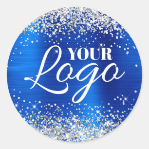 Faux Silver Glitter Royal Blue Foil Logo Classic Round Sticker