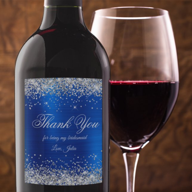Faux Silver Glitter Royal Blue Foil Thank You Wine Label (Creator Uploaded)