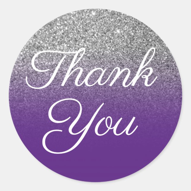 Faux Silver Glitter Royal Purple Ombre Thank You Classic Round Sticker (Front)
