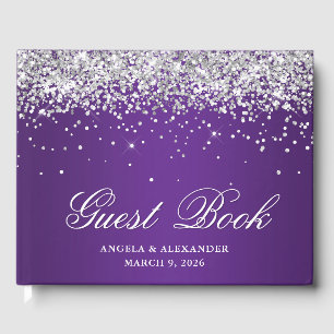 Faux Silver Glitter Royal Purple Ombre Wedding Guest Book