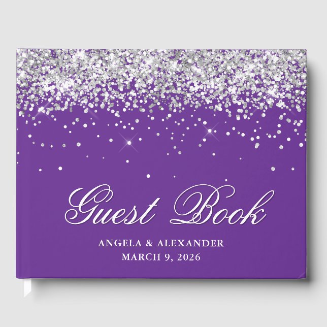 Faux Silver Glitter Royal Purple Wedding Guest Book (Front)