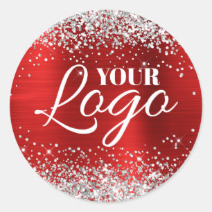Faux Silver Glitter Ruby Red Foil Logo Classic Round Sticker