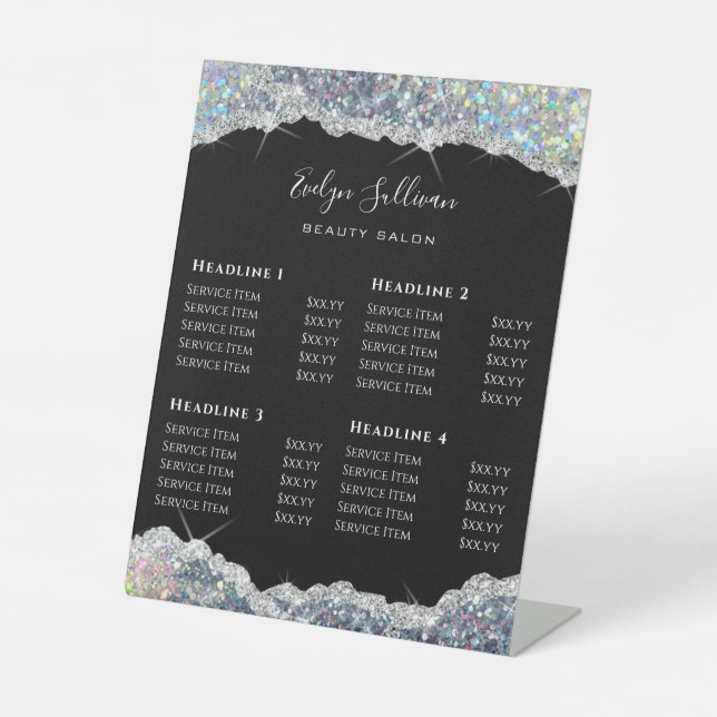 Faux Silver Glitter Sequin Price List  Pedestal Sign (Front)