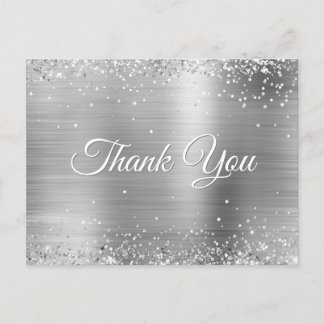 Faux Silver Glitter Sprinkled Foil Thank You Postcard