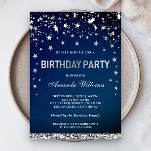Faux Silver Glitter Stars Confetti Birthday Party Invitation