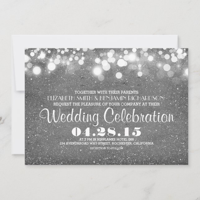 faux silver glitter string lights wedding invites (Front)