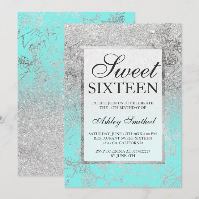 Faux silver glitter teal floral chic Sweet 16 Invitation (Front/Back)