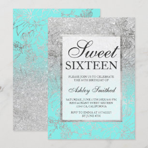Faux silver glitter teal floral chic Sweet 16 Invitation