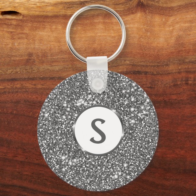 Faux Silver Glitter Texture Look & Custom Monogram Key Ring (Front)