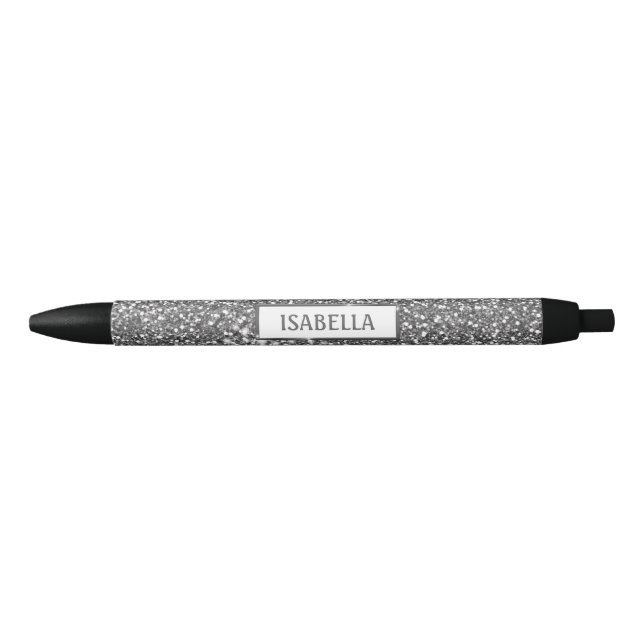 Faux Silver Glitter Texture Look & Custom Name Black Ink Pen (Front)