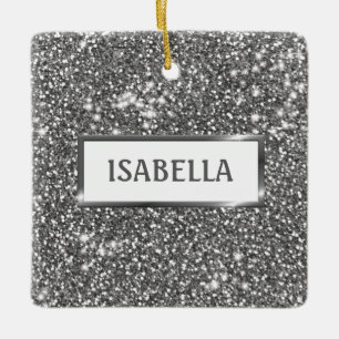 Faux Silver Glitter Texture Look & Custom Name Ceramic Ornament