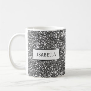 Faux Silver Glitter Texture Look & Custom Name Coffee Mug