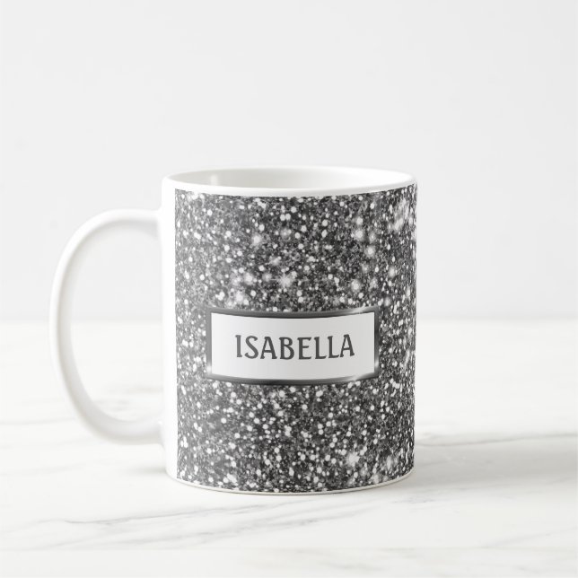 Faux Silver Glitter Texture Look & Custom Name Coffee Mug (Left)