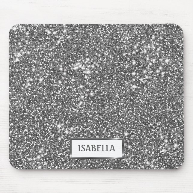 Faux Silver Glitter Texture Look & Custom Name Mouse Mat (Front)