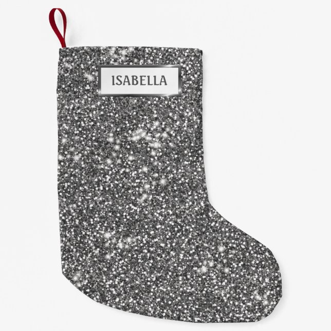 Faux Silver Glitter Texture Look & Custom Name Small Christmas Stocking (Front)