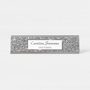 Faux Silver Glitter Texture Look & Custom Text Desk Name Plate