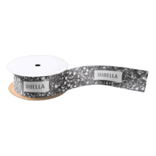 Faux Silver Glitter Texture Look & Custom Text Satin Ribbon