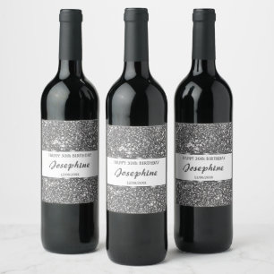 Faux Silver Glitter Texture Look & Custom Text Wine Label