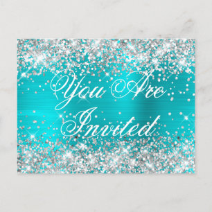 Faux Silver Glitter Turquoise Blue Sweet Sixteen Postcard