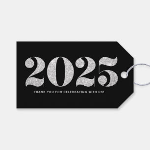 Faux Silver Glitter Typography 2024 New Year Black Gift Tags