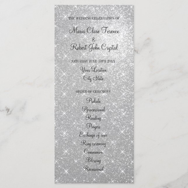 Faux silver glitter wedding ceremony program programme (Front)