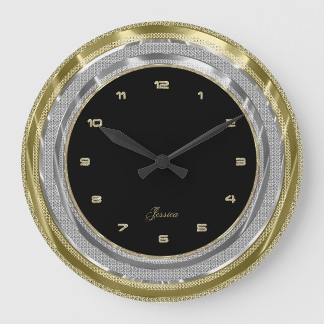 Faux Silver & Gold Border Custom Black Background Large Clock (Front)