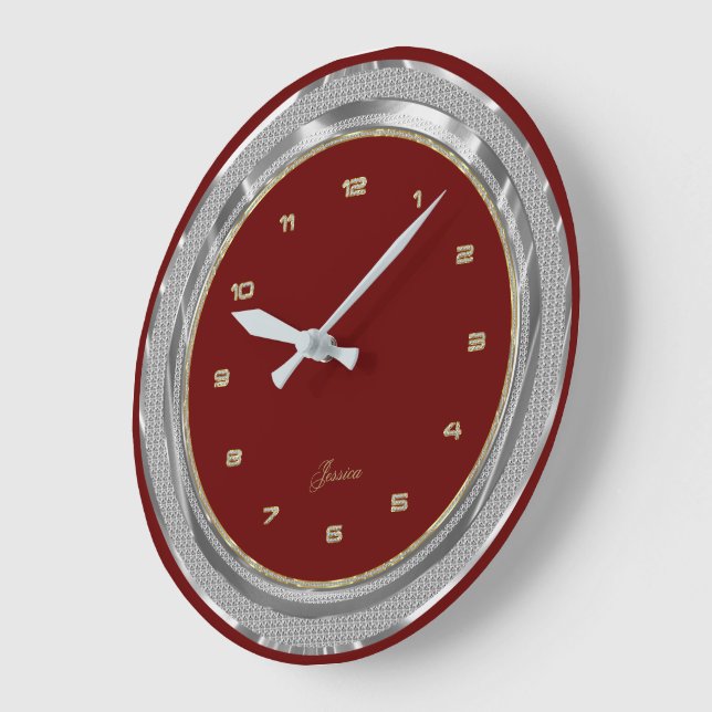 Faux Silver & Gold Border Custom Red Background  Large Clock (Angle)