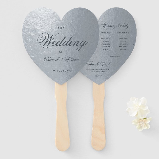 Faux Silver Grey Calligraphy Heart Wedding Program Hand Fan (Front and Back)