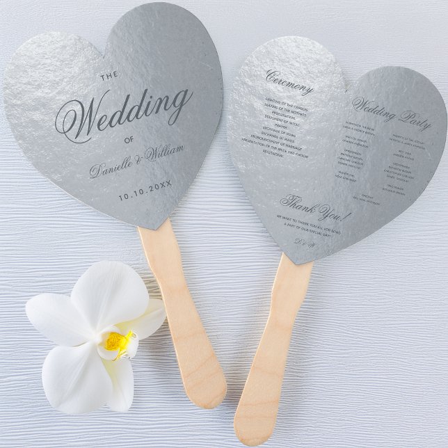 Faux Silver Grey Calligraphy Heart Wedding Program Hand Fan (Creator Uploaded)