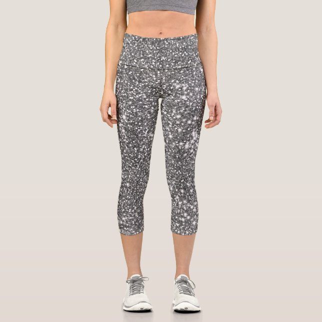 Faux Silver Grey Glitter Texture Look-like Design Capri Leggings (Front)