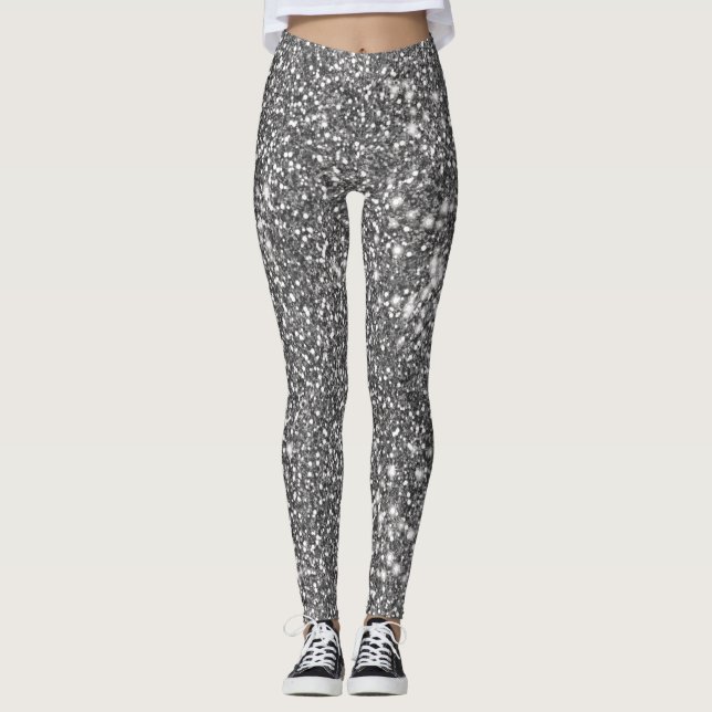 Faux Silver Grey Glitter Texture Look-like Design Leggings (Front)