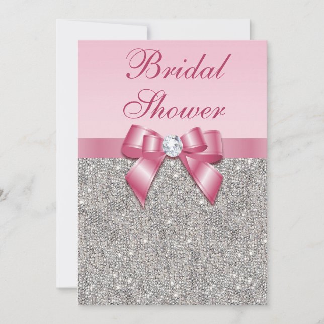 Faux Silver Jewels Pink Bow Diamonds Bridal Shower Invitation (Front)