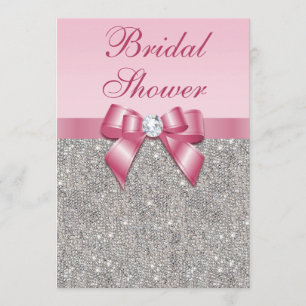 Faux Silver Jewels Pink Bow Diamonds Bridal Shower Invitation