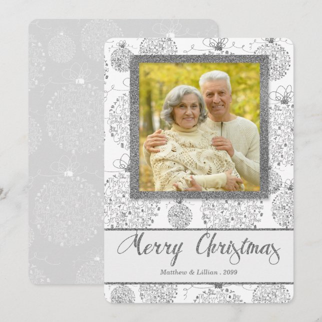 Faux Silver Leaf Christmas Ornaments Photo Holiday Card (Front/Back)