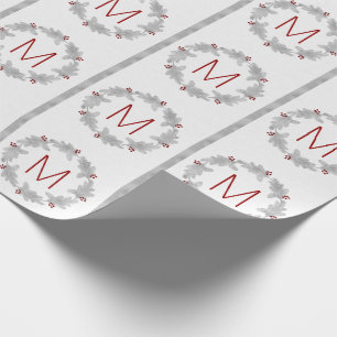 Faux Silver Leaf Pine Wreath with Red Monogram Wrapping Paper