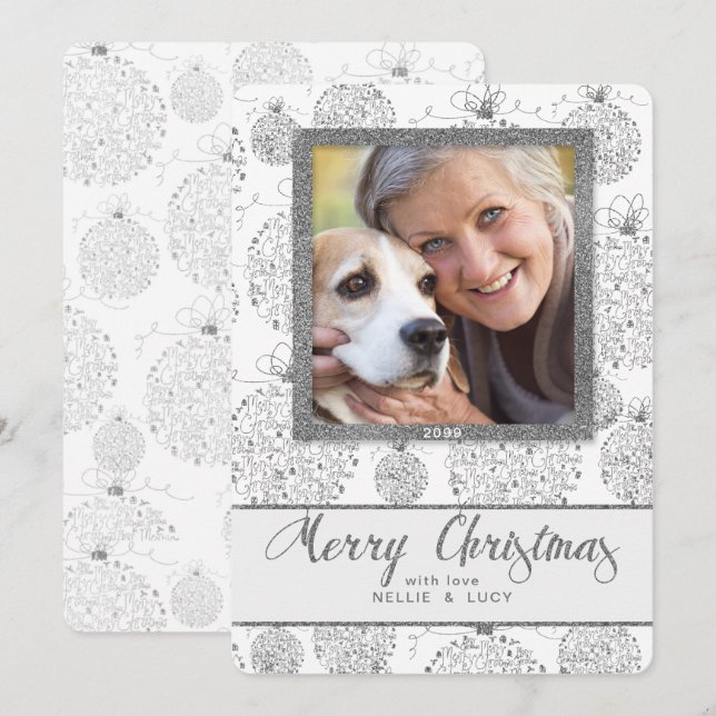 Faux Silver Leaf with Merry Christmas Photo Holiday Card (Front/Back)